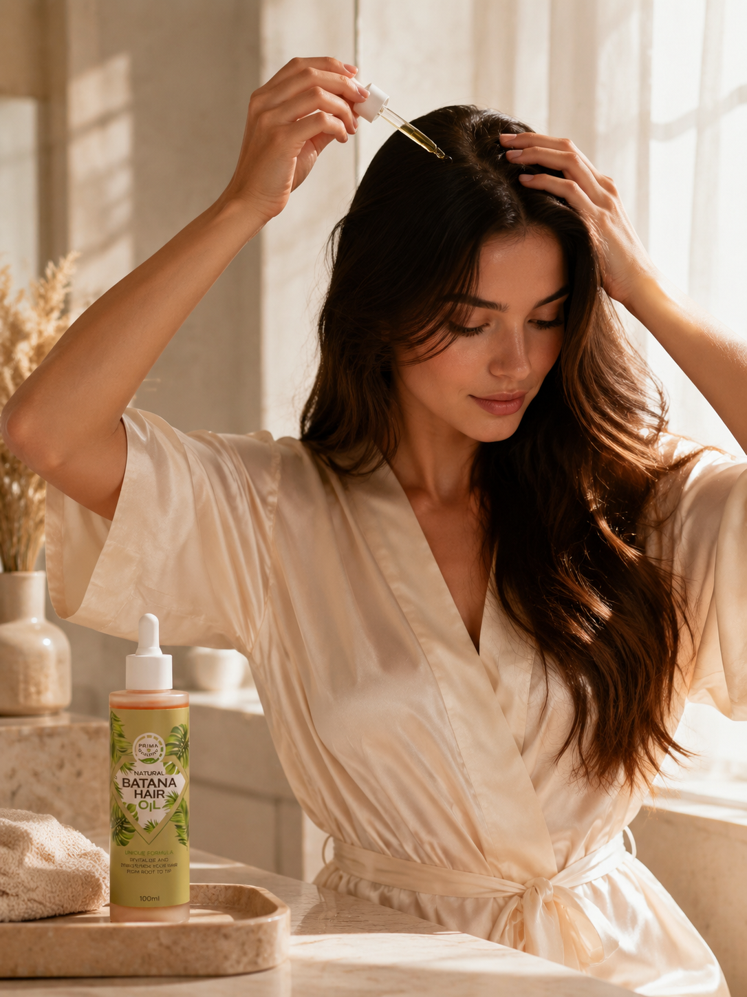 Applying prima Qualitas Batana Oil to Hair and Scalp