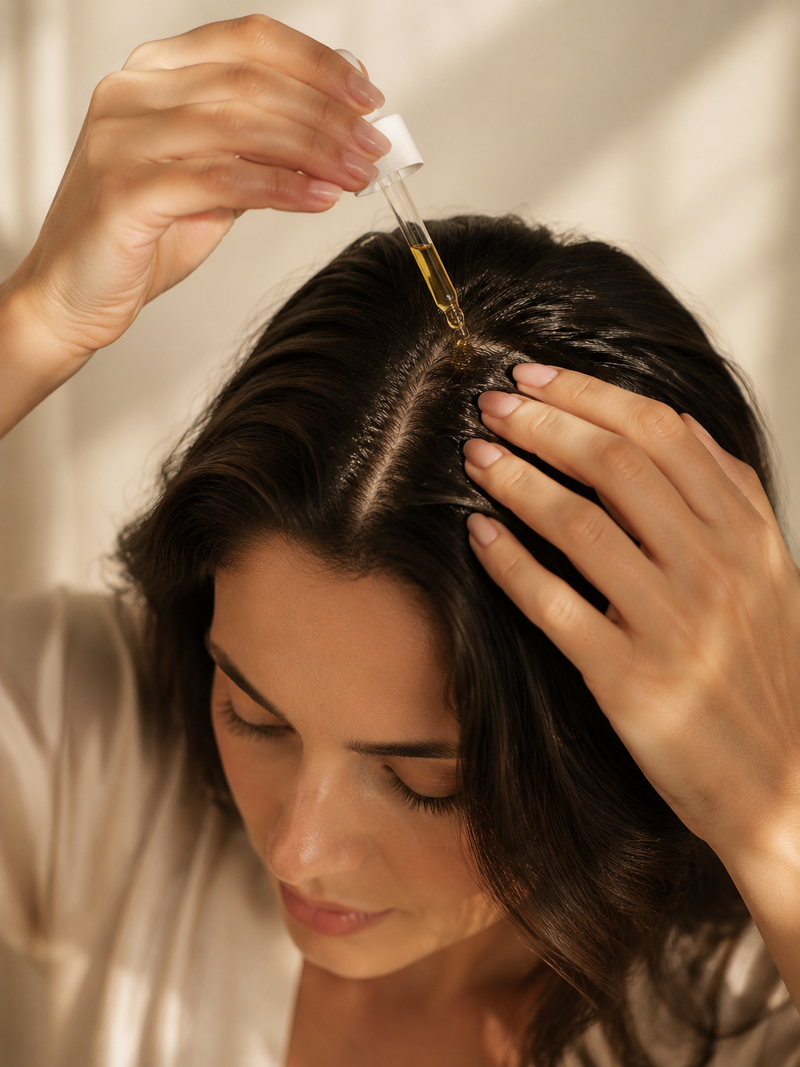 Applying Prima Qualitas Hair Angel Hair Growth Oil to the scalp