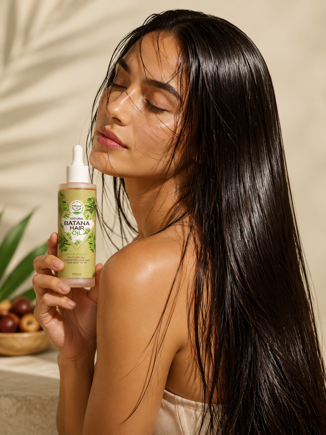 A woman with long, dark, glossy hair holds a bottle of Nutra Science Botanical Hair Care Bataya Hair Mask. The scene is styled with warm, natural lighting and soft shadows, featuring a neutral beige background with a hint of green leaves.